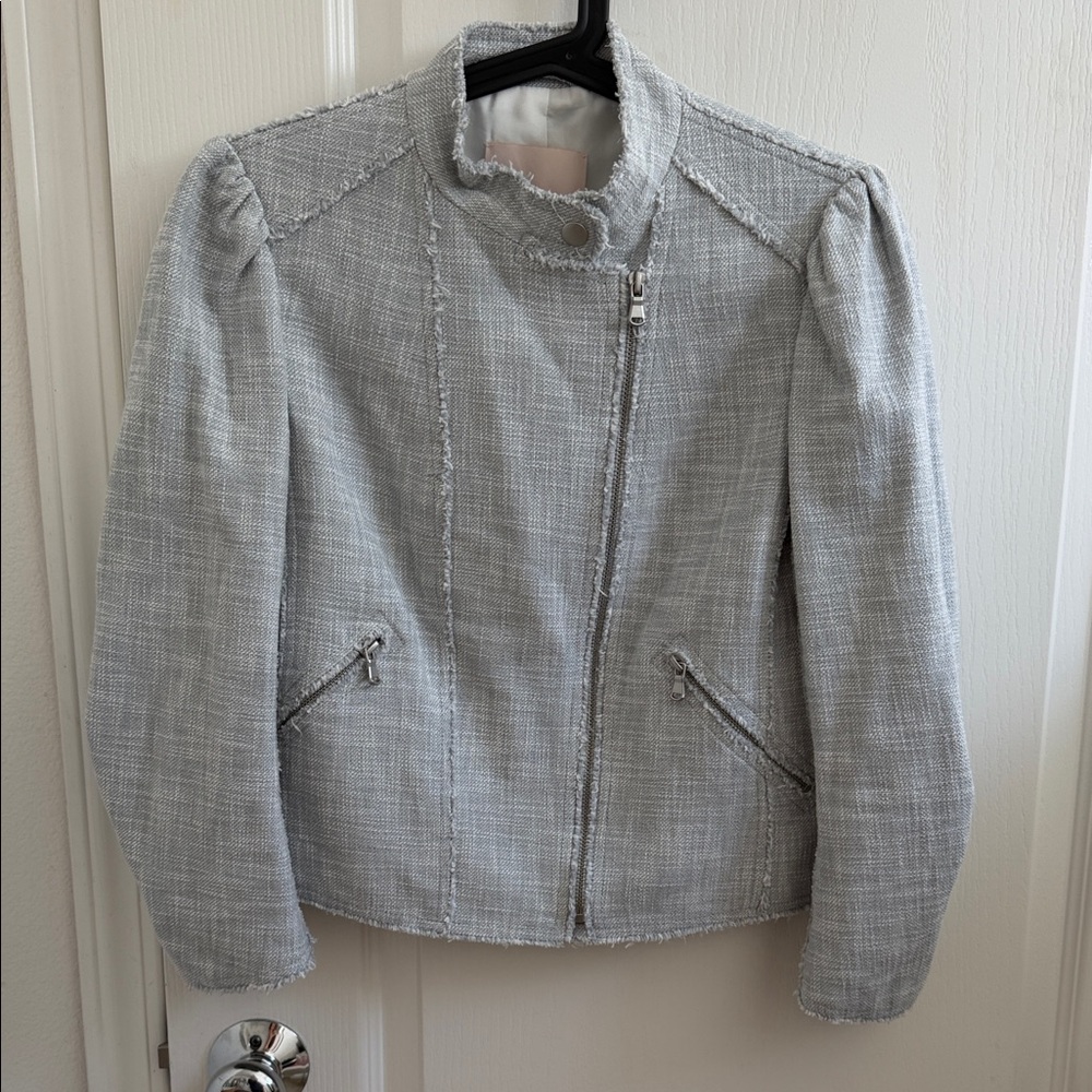 NEW Rebecca Taylor Light Gray Tweed ruched-sleeves Blazer